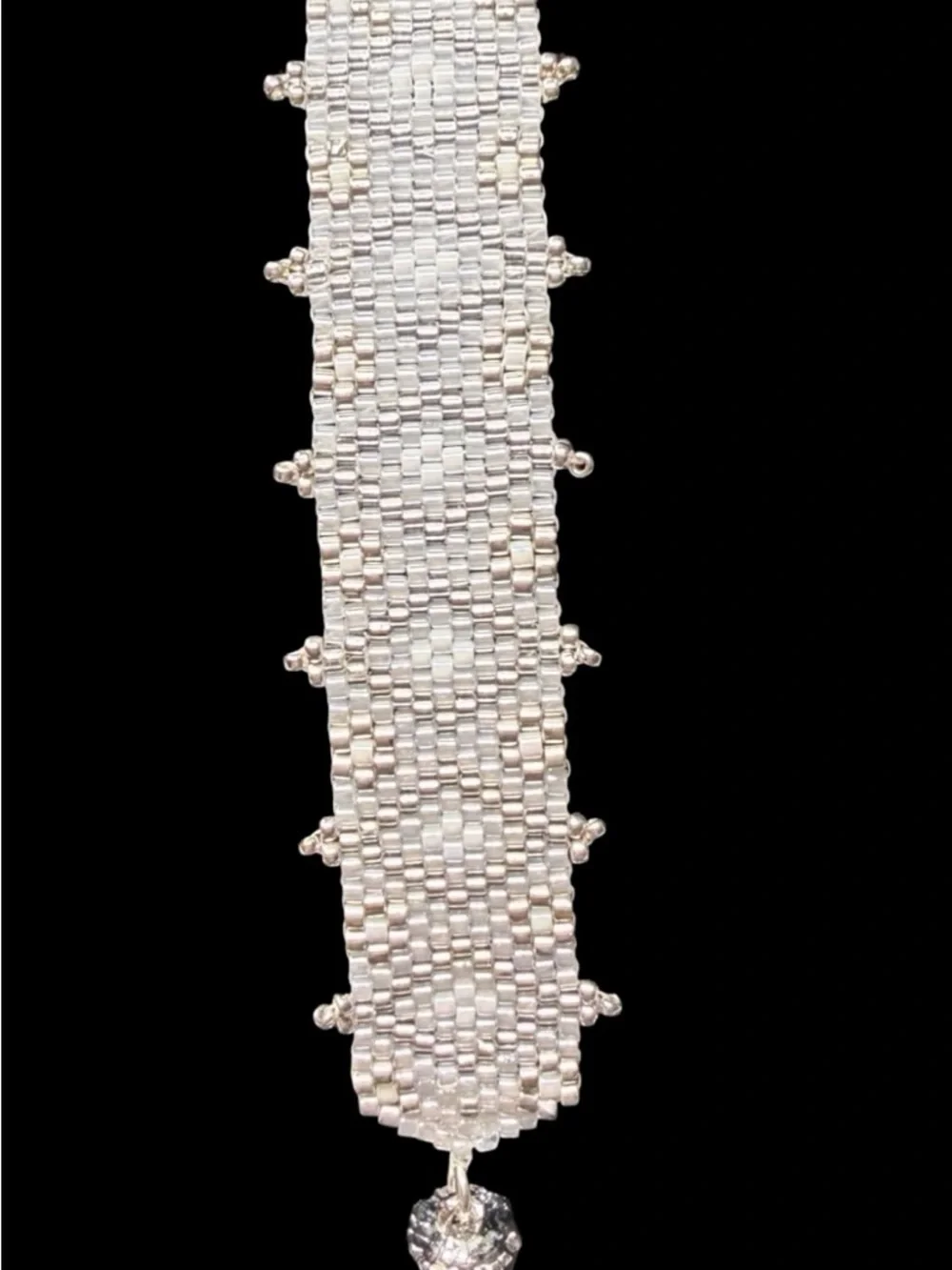 Woven Cream Silver Seed Bead Cuff Bracelet – Bridal Jewelry, Rhodium Clasp - Picture 10 of 11